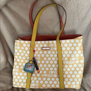 Nicole Lee Yellow Polka Dot Tote with pink polka dots and brown Interior